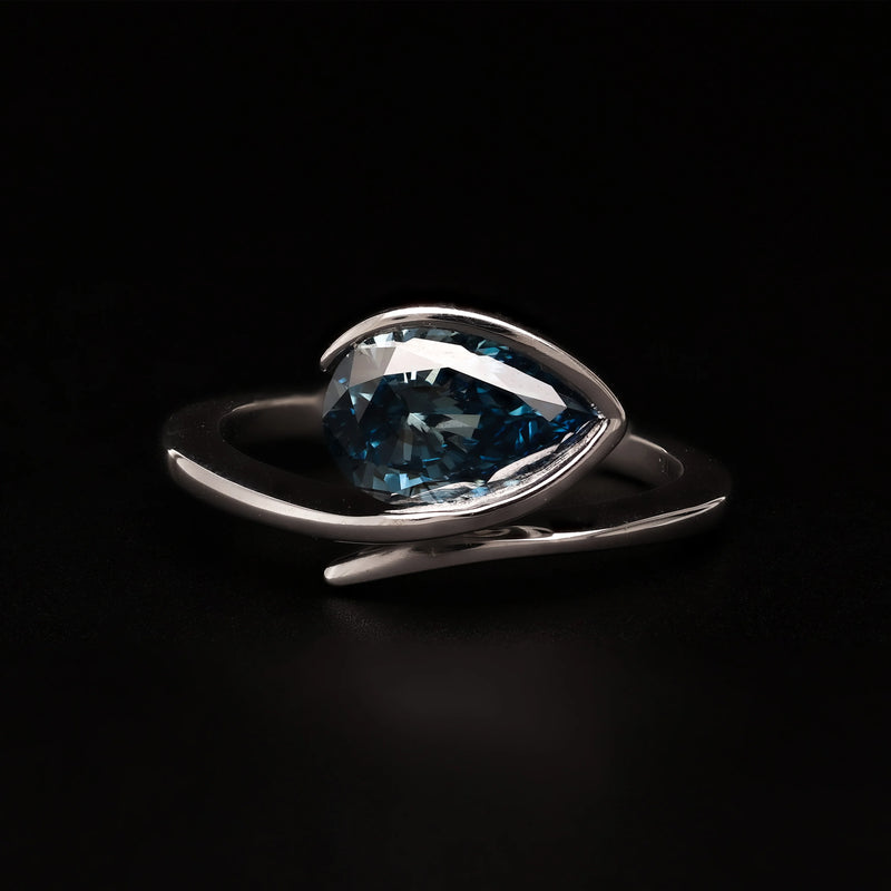 Vivid Blue Lab Grown Solitaire Ring – Pear Cut Solitaire in Half Bezel Twist Setting – WooFora handcrafted jewelry
