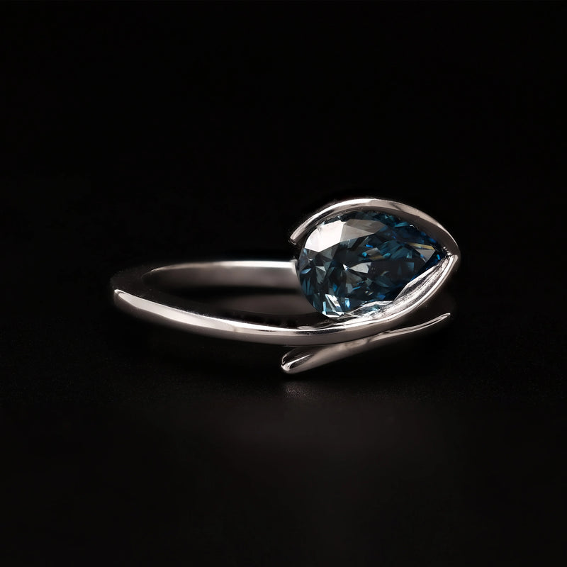 Vivid Blue Lab Grown Solitaire Ring – Pear Cut Solitaire in Half Bezel Twist Setting - WooFora