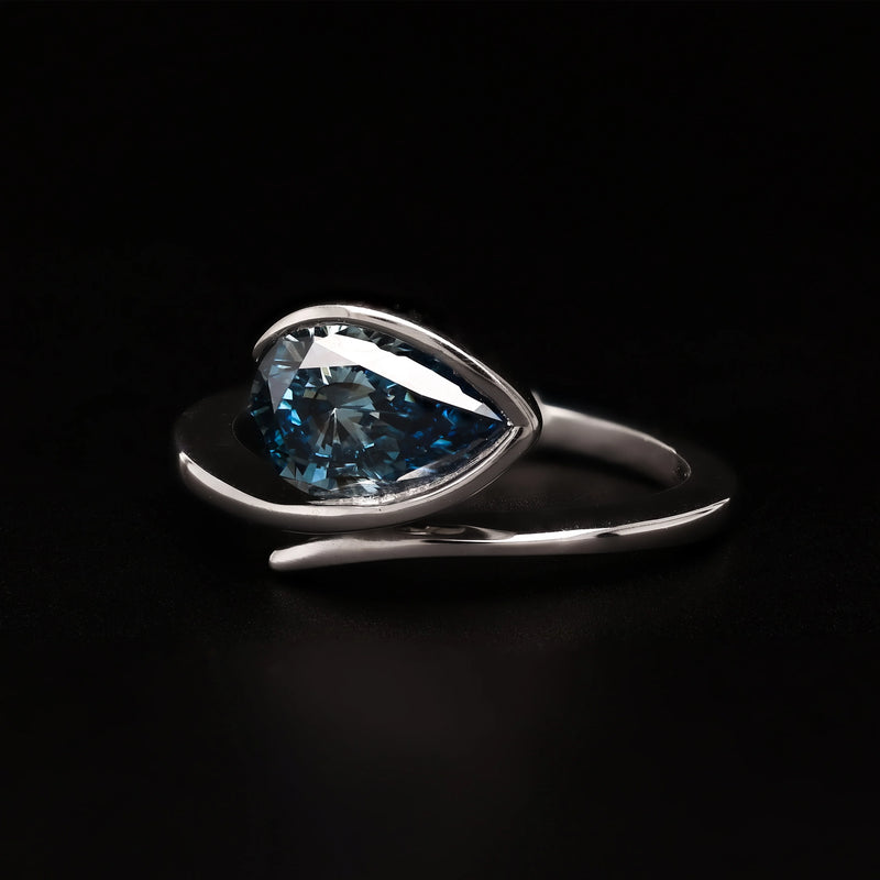 Vivid Blue Lab Grown Solitaire Ring – Pear Cut Solitaire in Half Bezel Twist Setting - WooFora
