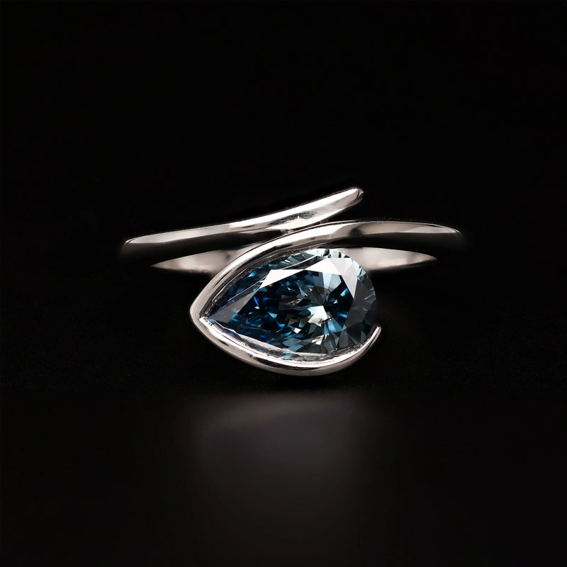 Vivid Blue Lab Grown Solitaire Ring – Pear Cut Solitaire in Half Bezel Twist Setting - WooFora