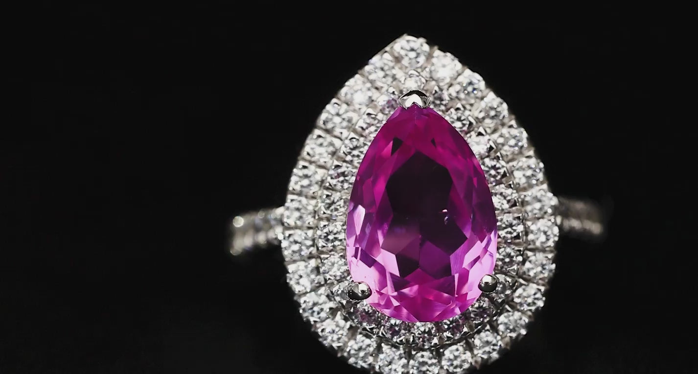 360° View | Pink Petal Halo Bridal Ring – Pear-Shaped Sparkle – Woofora